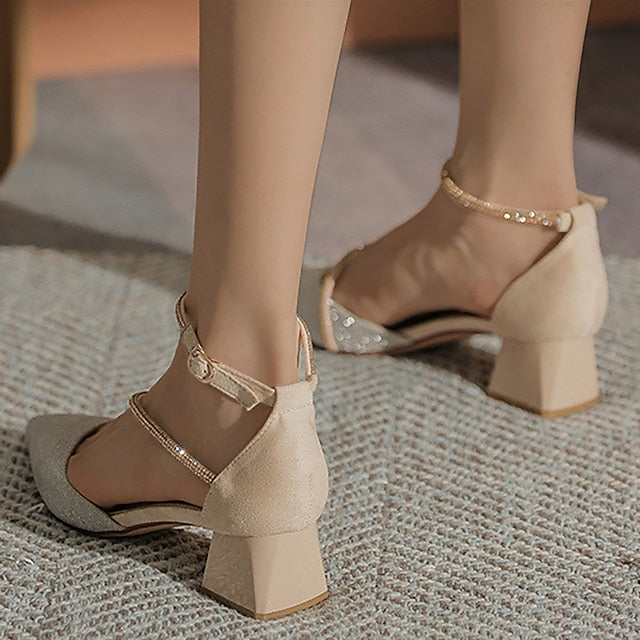 Pointed with Toe Glitter Women's Mesh Ankle Heels Block