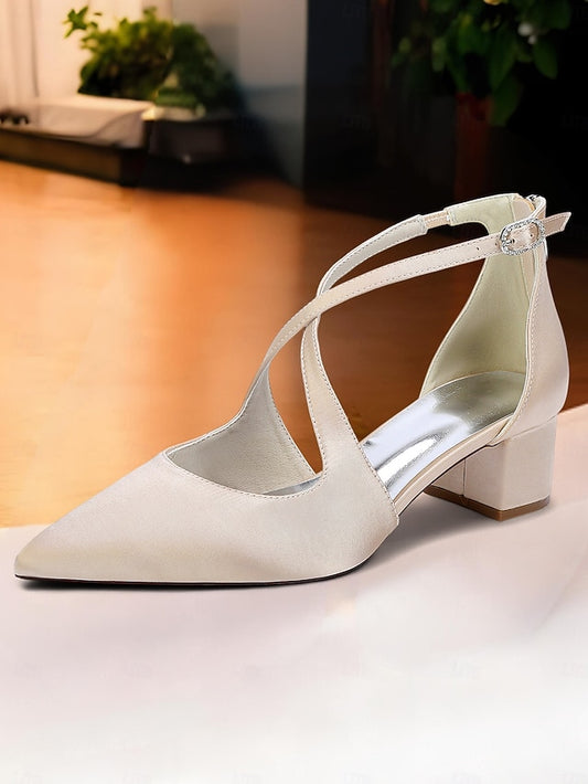 Ivory Heels Satin Toe Block Elegant Women's - Pointed