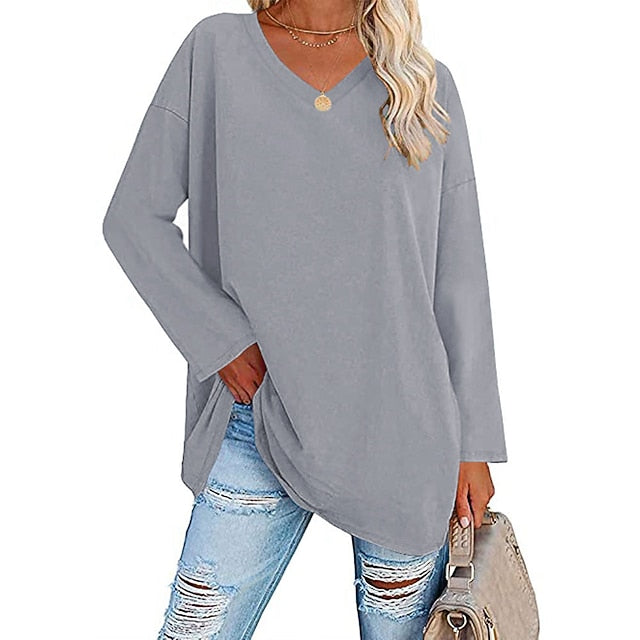 Women's T Shirt Plain Basic Long Sleeve V Neck Regular Tops