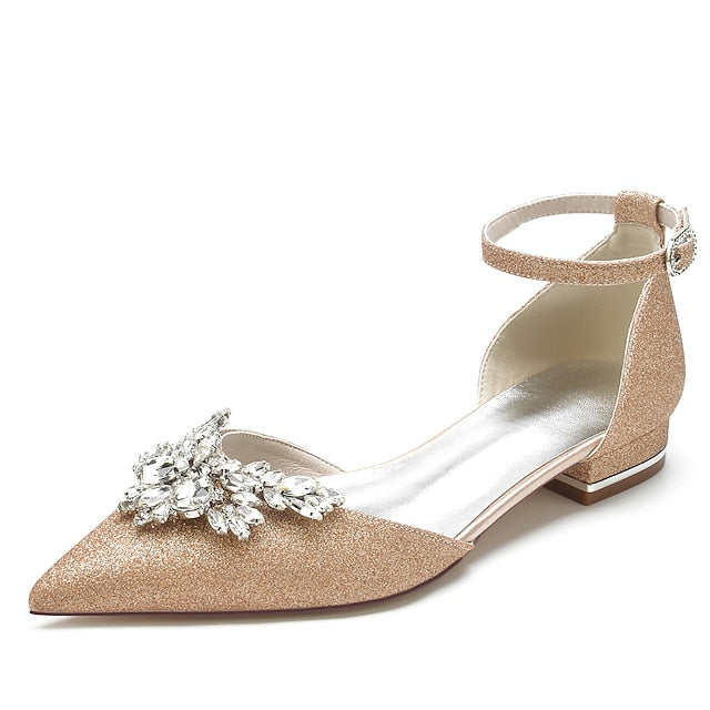 Rhinestone Satin White Flats Floral Design – Women's with