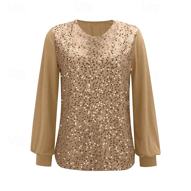 Women's T Shirt Tee Top Sequins Patchwork Solid Color