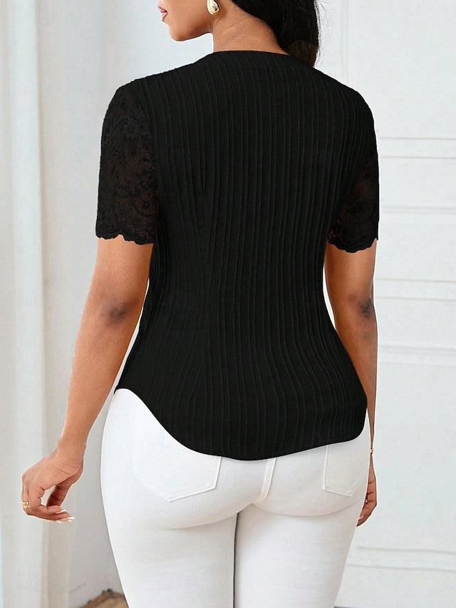 Women's T Shirt Tee Top Lace Patchwork Plain Elegant