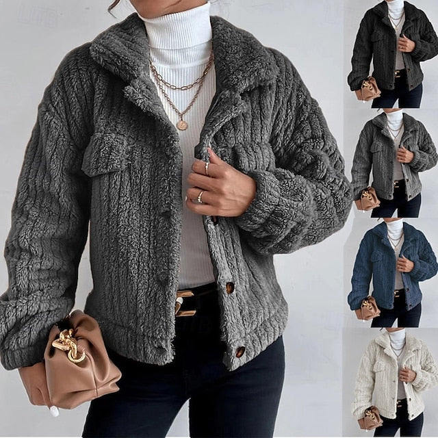 Warm Teddy Comfortable Coat Buttons Plain Casual Women's