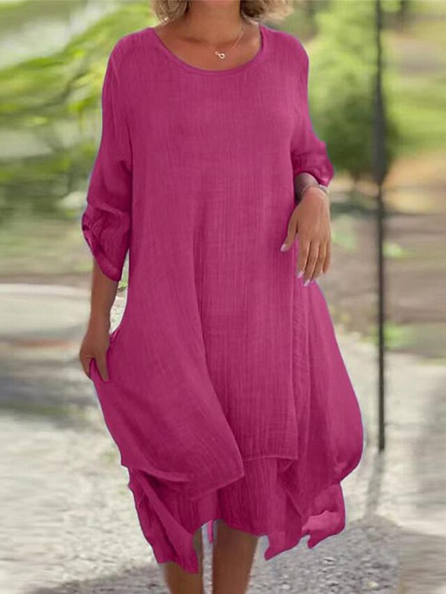 Women's Blue Rose Red Summer Spring Midi Dress Cotton Linen