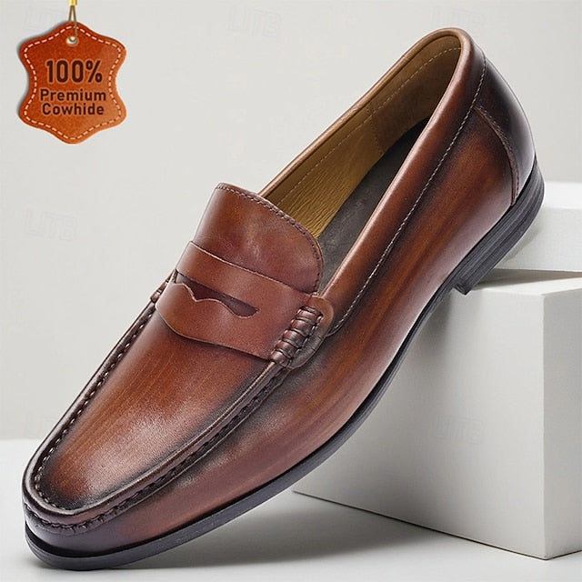 Brown Slip-On Shoes Leather Men's Loafers with Penny