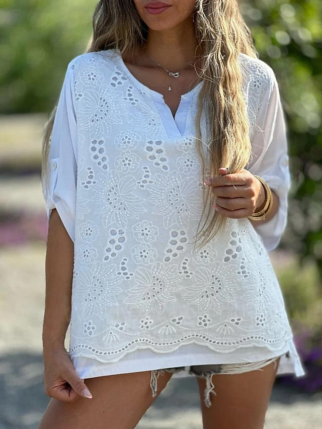Women's Shirt Blouse Dressy Tops Embroidered Eyelet Solid