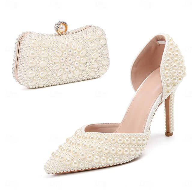 – Pearl Women's and Heels Set Clutch Stiletto White Bag