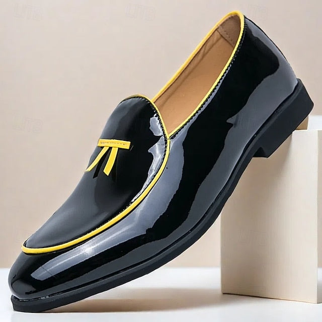 Faux Trim Black Men's Leather Patent Loafers Yellow with