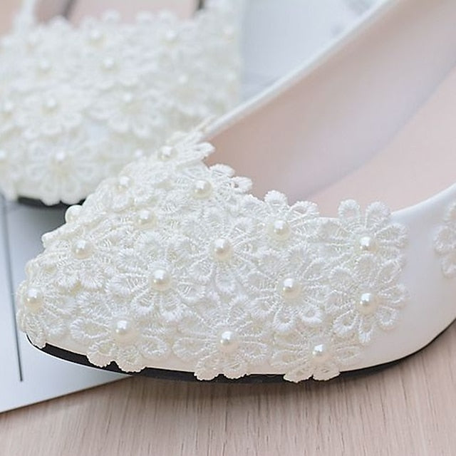 White Decorated Lace Pearl Floral Heels – Women's Wedding
