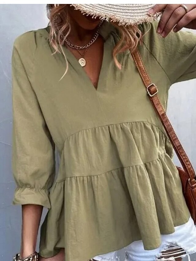 Women's Shirt Blouse Ruched Plain Casual Long Sleeve V Neck