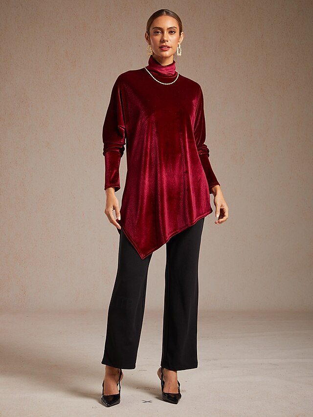 Christmas Women's Velvet Dressy Tops Asymmetric Elegant