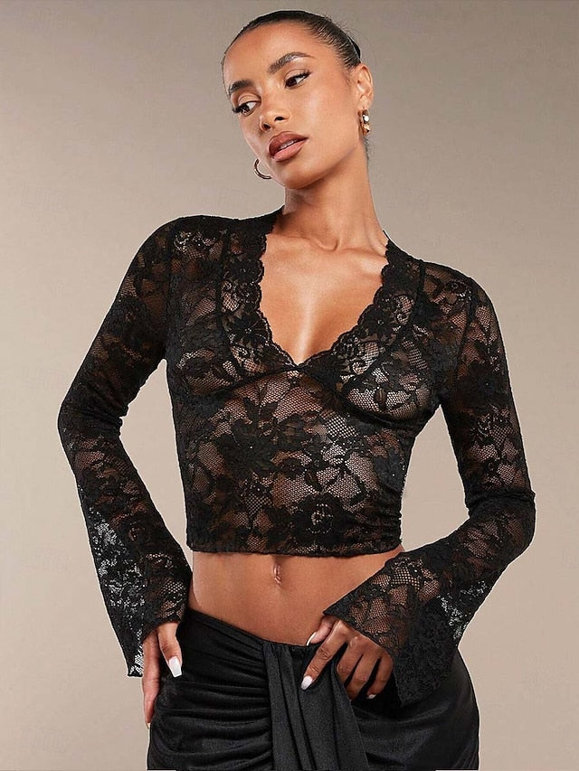 Women's Wrap Crop Top Lace Sexy Long Sleeve V Neck Regular