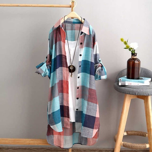Women's Shirt Cotton Blend Blouse Plaid Casual Long Sleeve