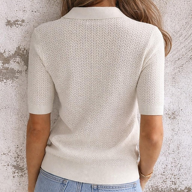 Women's Petite Eyelet top Knit Tee Button Front Solid Color