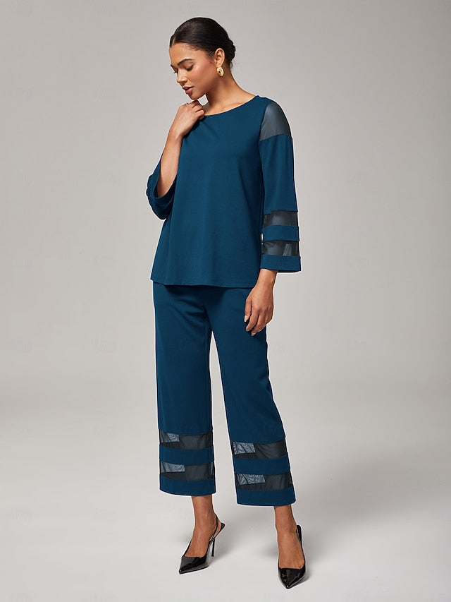 Women's Top Blue Crew Neck Long Sleeve 3/4 Length Sleeve