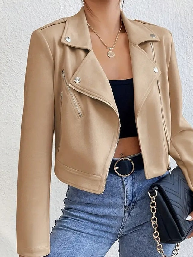 Comfortable Women's Zipper Leather Jacket Faux Pocket