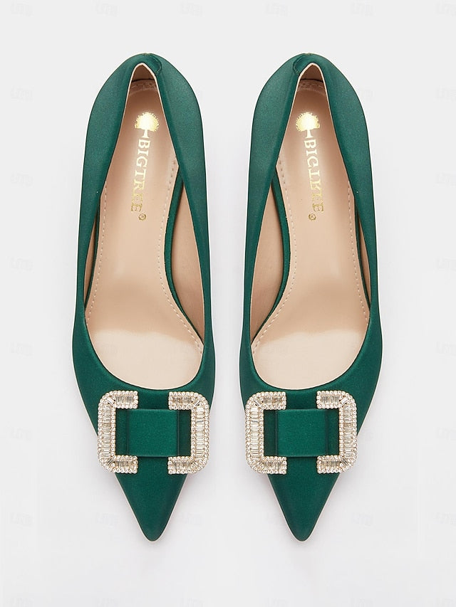 Women: for Pumps Satin Elegant Rhinestone with Buckle Green