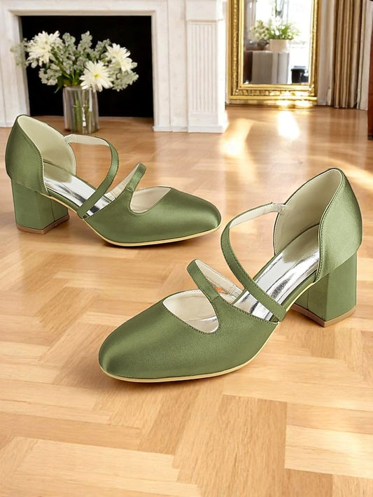 Jane 1950s Mary Elegant Green – Satin Block Heels Women's
