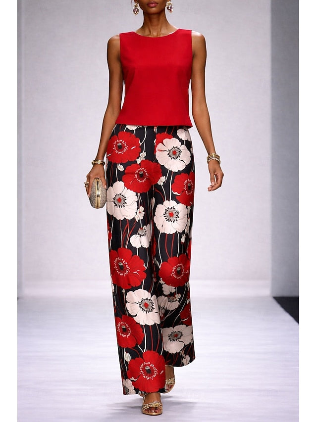 Women's Pants Sets Sleeveless Crew Neck Floral Graphic