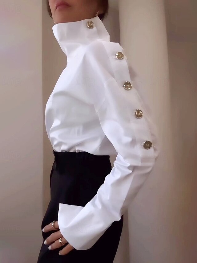 Women's Blouse Dressy Tops Ruched Buttons Draped Solid