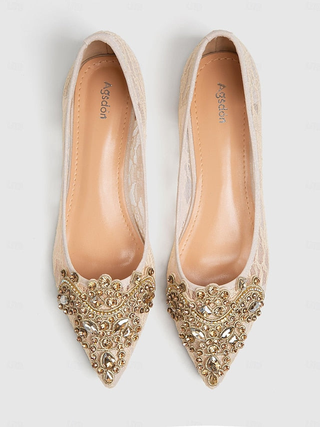 Beige Flats Ornate with Ballet Lace Women's Elegant