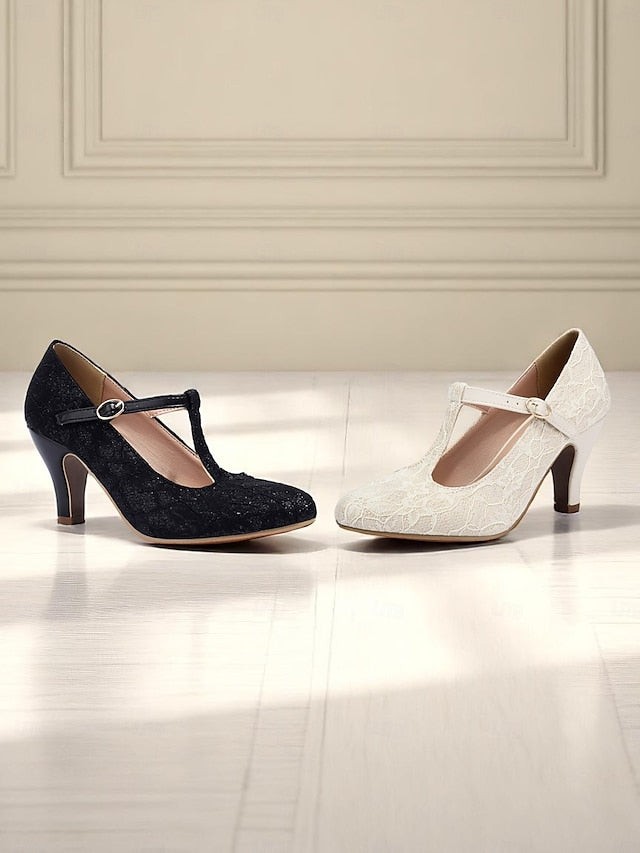 Ivory Heel Women's Mid Vintage Lace T-Strap Pumps-1920s