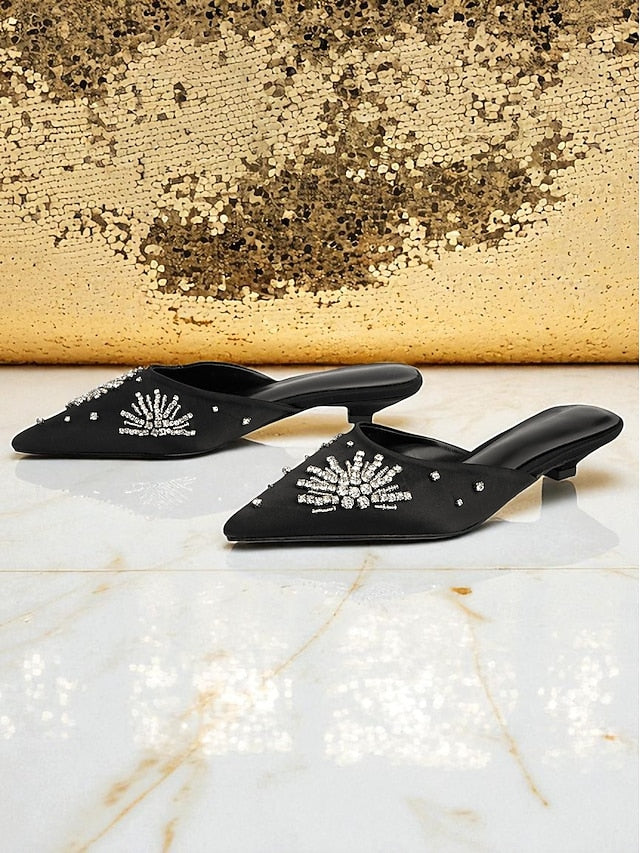 Satin Rhinestone with Toe Women's Pointed Mules Black
