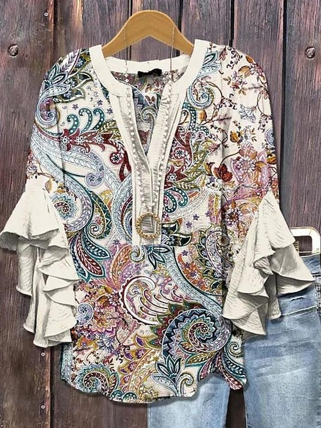 Women's Blouse V Neck Layered Ruffle Sleeve Tops Floral