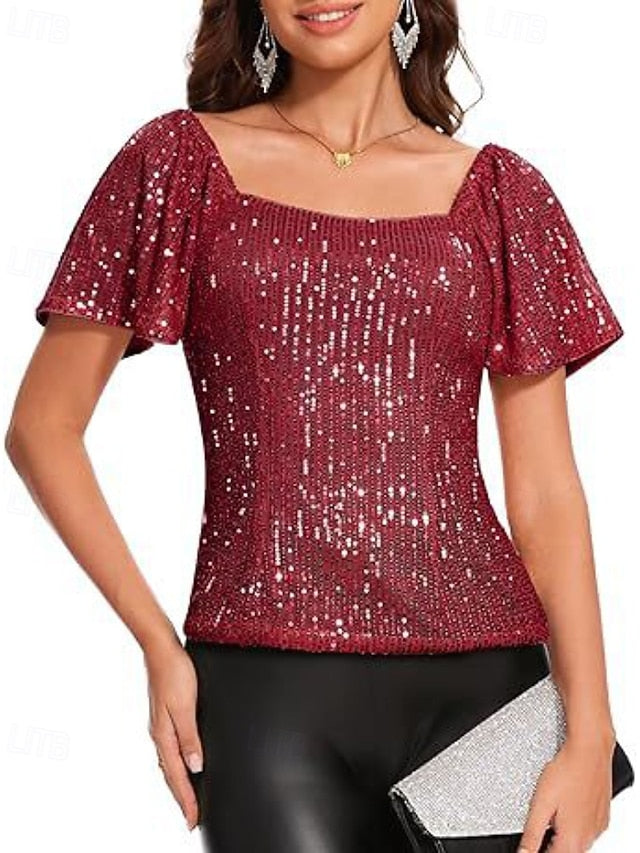 Women's T Shirt Tee Top Sequins Plain Elegant Fashion Short