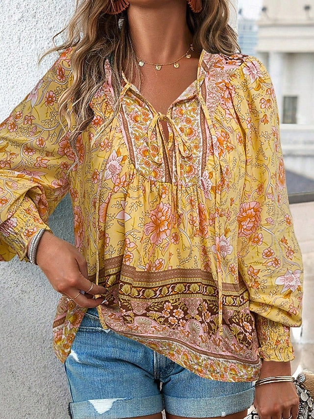 Women's Boho Shirt Blouse Print Flower Modern Boho Long