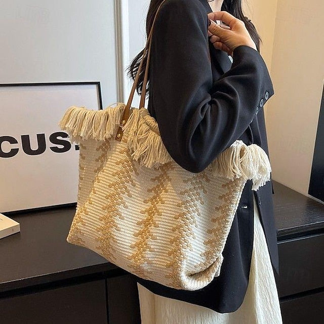 Sac fourre-tout en PU pour femme, style bohème, en toile