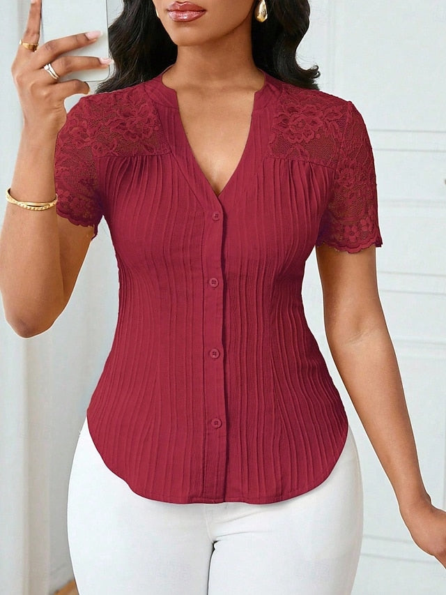 Women's T Shirt Tee Top Lace Patchwork Plain Elegant