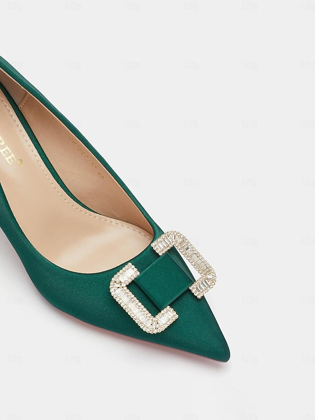 Women: for Pumps Satin Elegant Rhinestone with Buckle Green