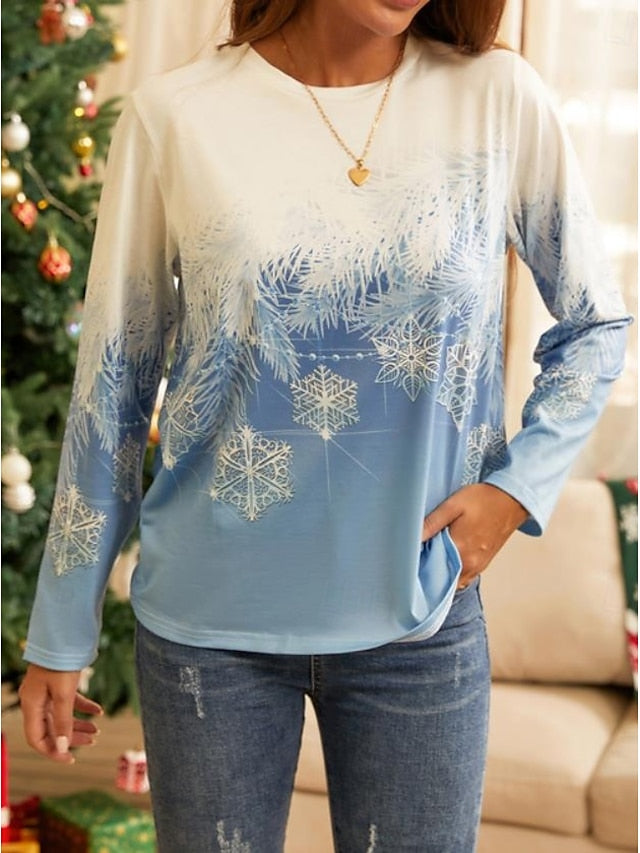 Women's T-Shirt Winter Snowflake Print Blue Gradient Casual