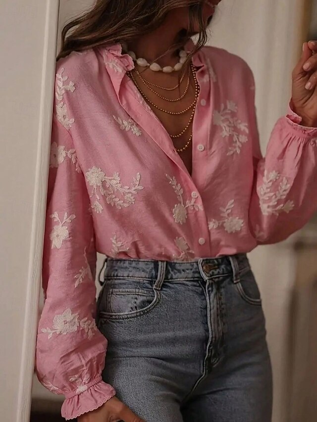 Women's Blouse Embroidered Buttons Floral Stylish Casual