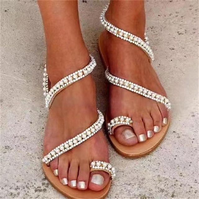 Flat Women's Pearl-Embellished Strappy – Elegant Sandals