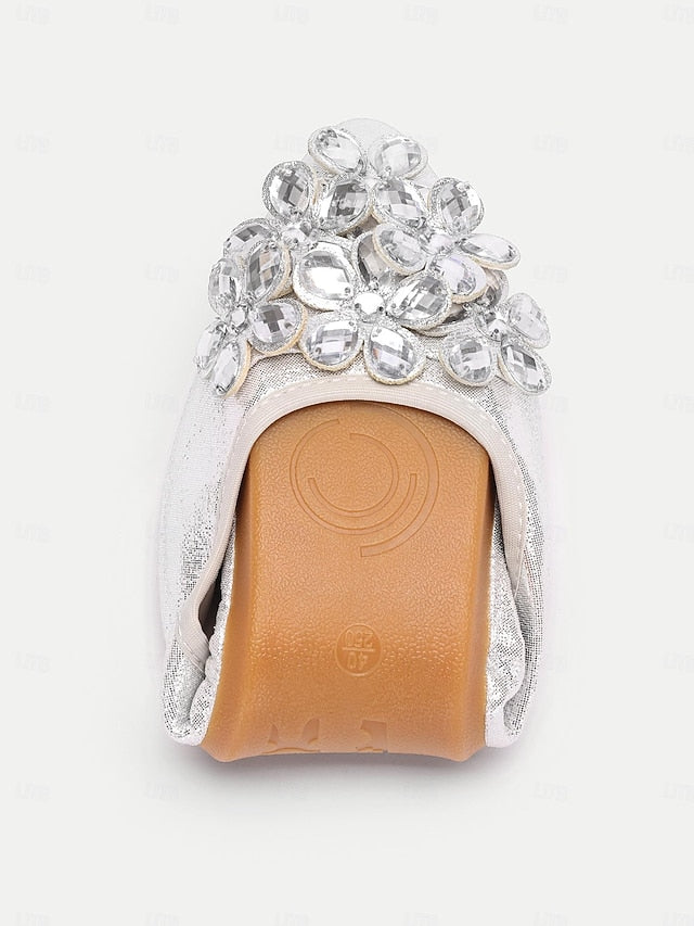 Women's Flats Foldable Silver with Rhinestone