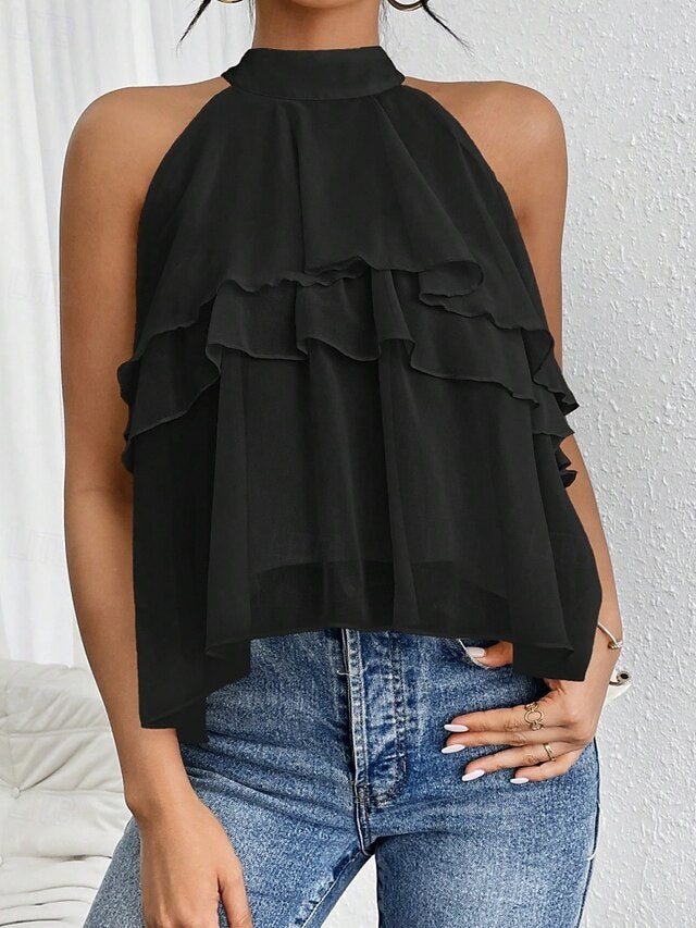 Women's Tank Top Tee Top Ruffle Solid Color Elegant Fashion