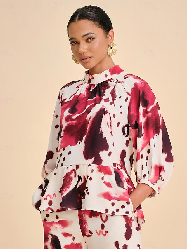 Women's Blouse Wine Abstract Print Standing Collar Casual