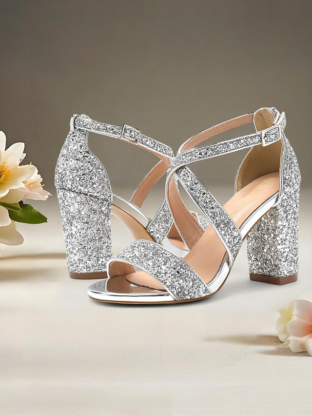 Sandals Block Women's Heel Gold Glitter