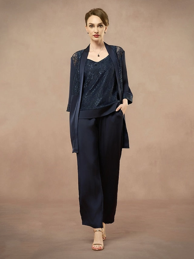 3 Piece Mother of the Bride Pantsuit Metalic Floral Lace