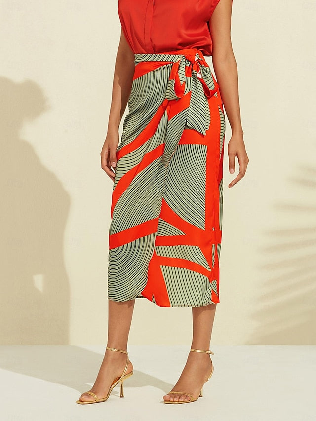 Women's Midi Skirt Green Color Block Elastic Waistband