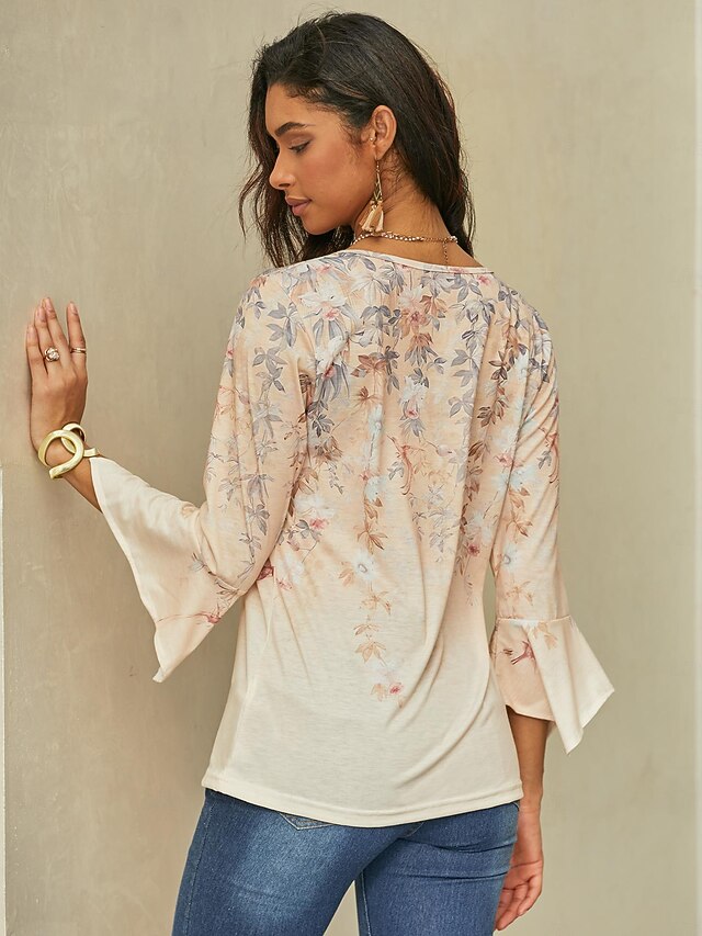 Women's T Shirt Basic Floral Buttons Print 3/4 Length