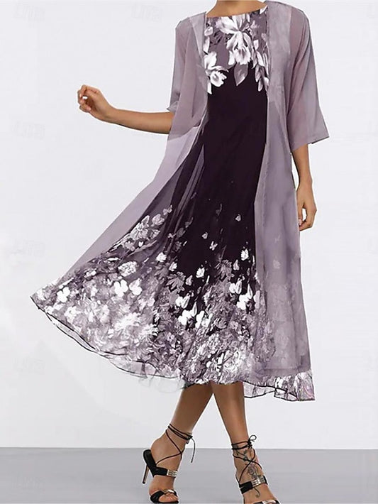 Women's Dress Set Chiffon Dress Formal Floral Print Maxi
