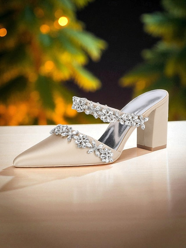Block Heel Floral with Women's Black Mules Satin Rhinestone