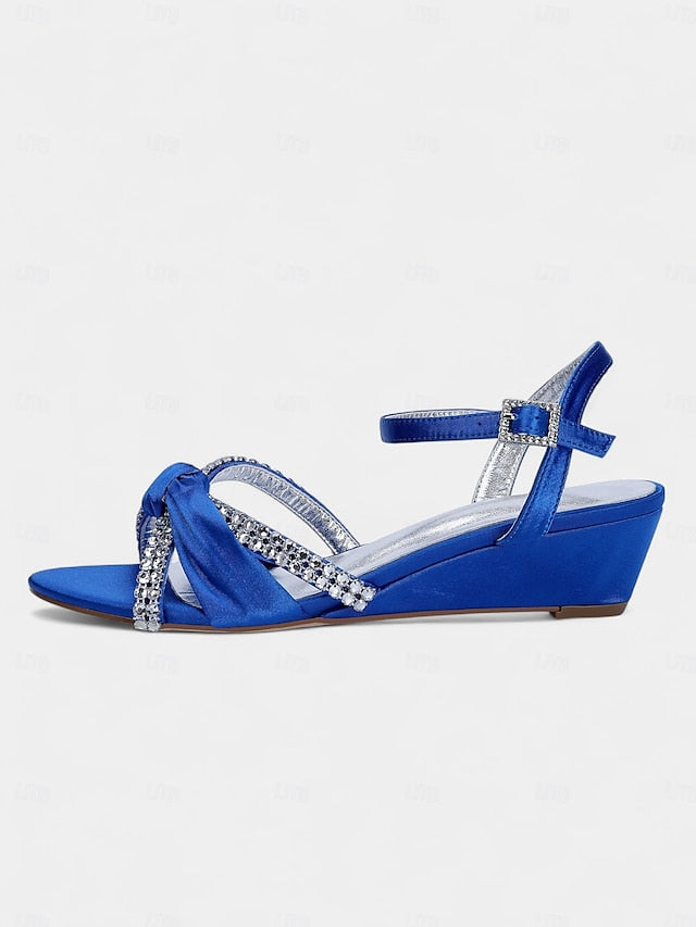 Satin Wedge Sandals Green Women's - Knot Rhinestone