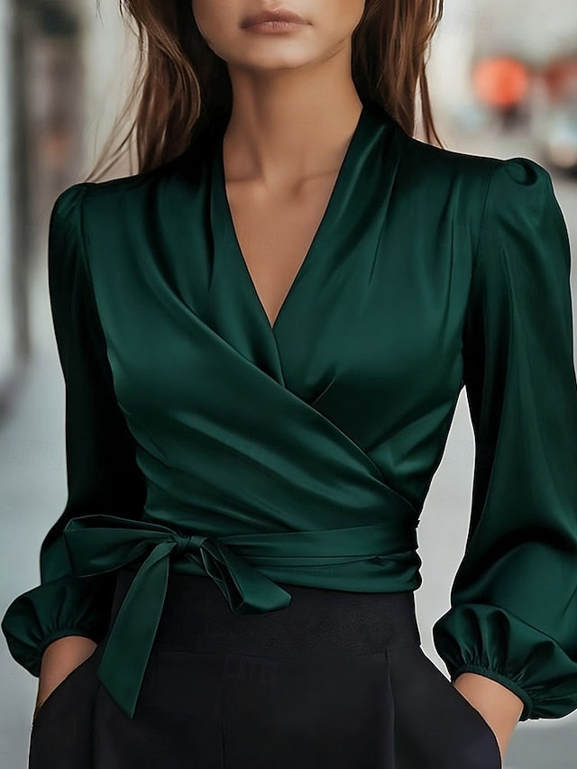 Women's Shirt Elegant Satin Top Blouse Lace up Plain