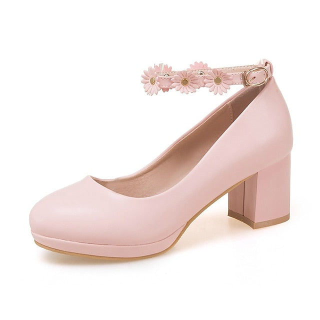 Flower with Ankle Daisy Heel Block Shoes White Girls'