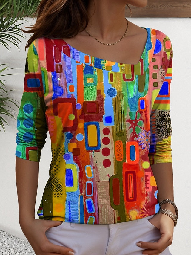 Women's T Shirt Print Graphic Geometric Casual Long Sleeve