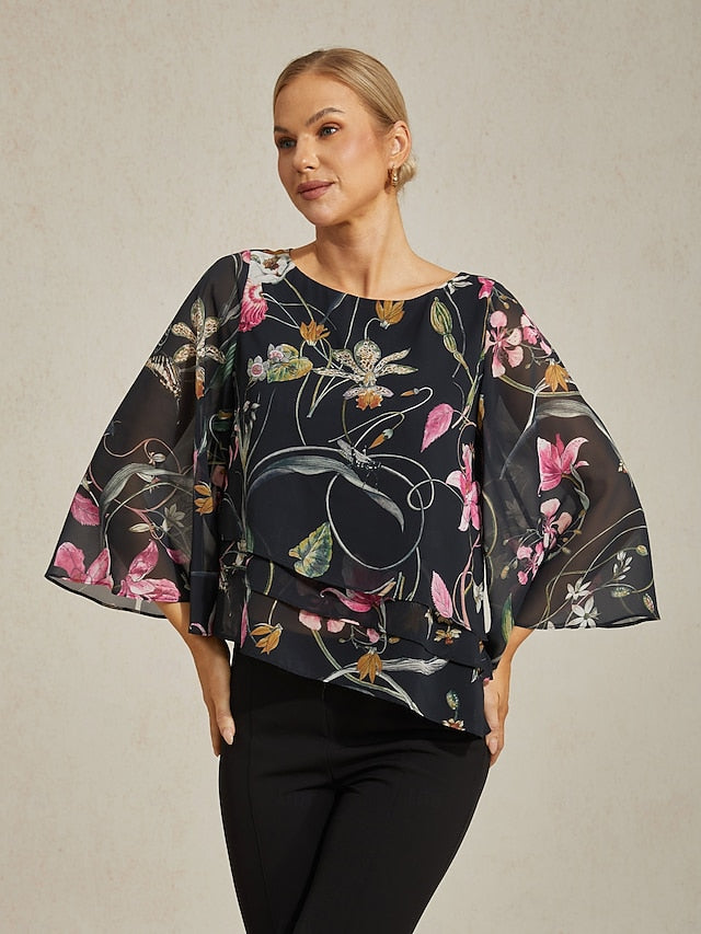 Women's Blouse Black Floral 3/4 Sleeve Loose Round Neck